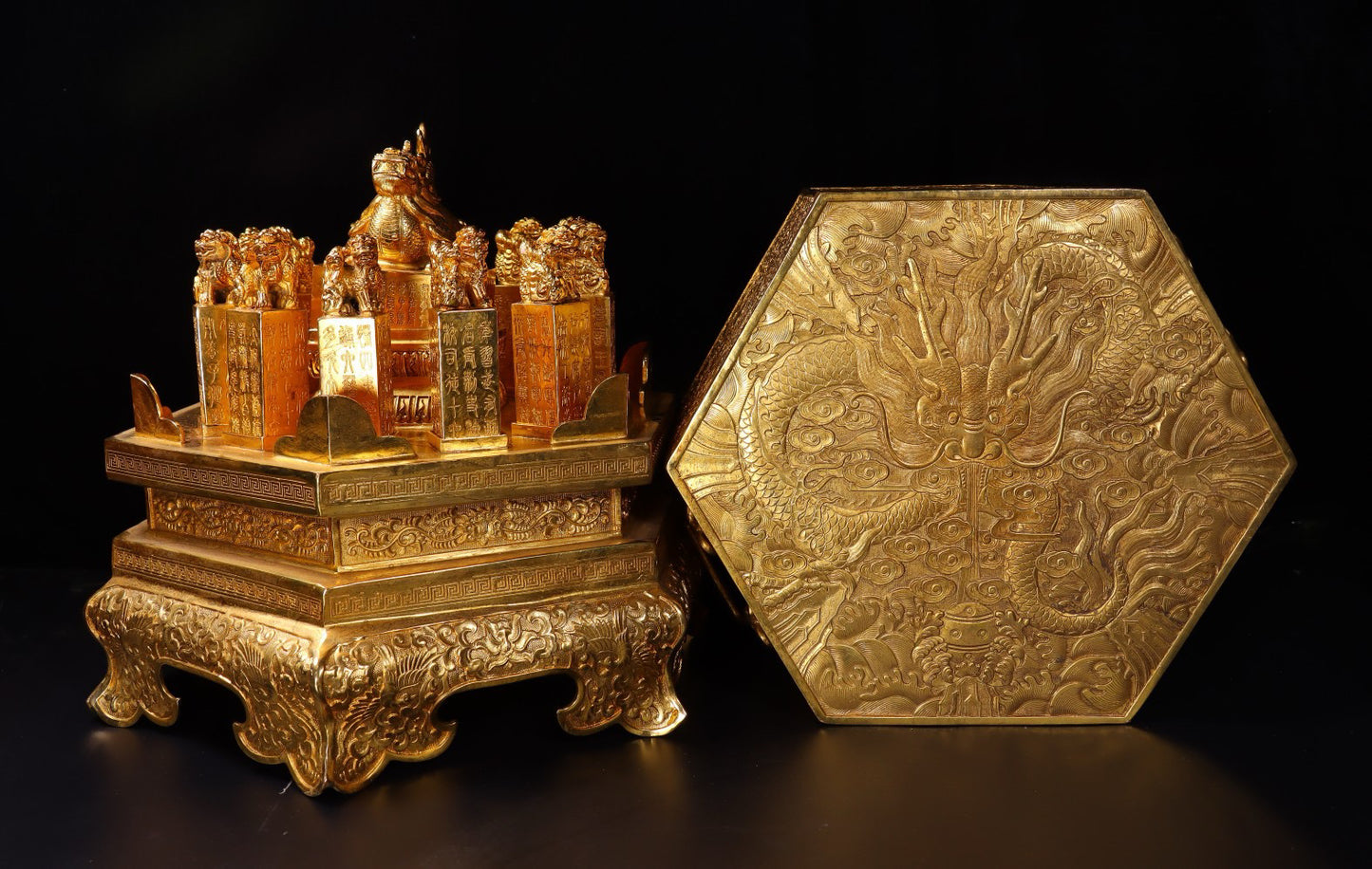 A box of Chinese antiques handcrafted with copper gilded high relief carving and carving of the "Thirteen Taibao" seal