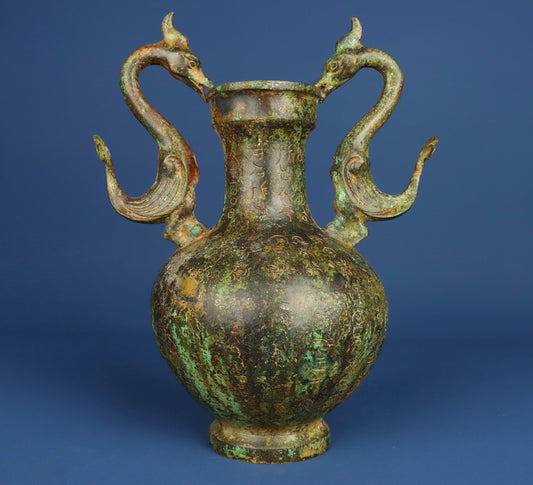 Chinese Antique Bronze Inscription Double Dragon Bottle