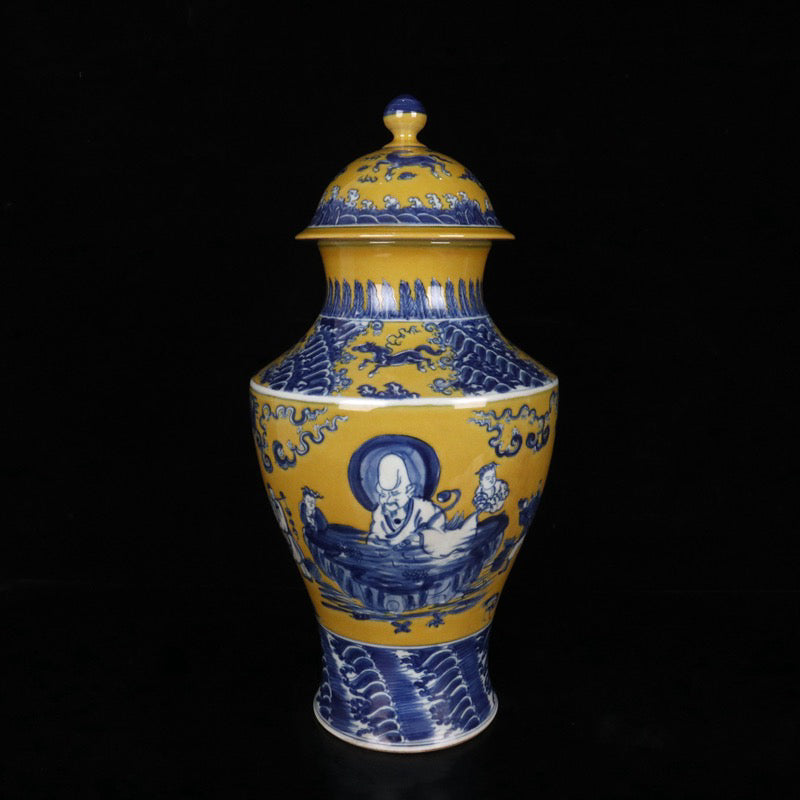 Blue and white figure patterned general jar
