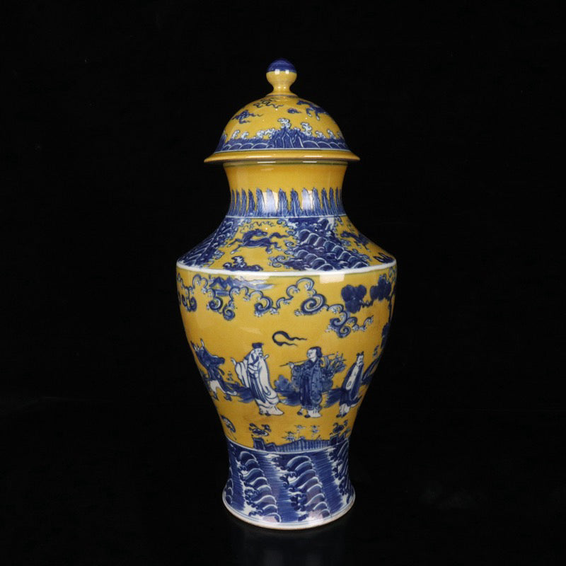 Blue and white figure patterned general jar