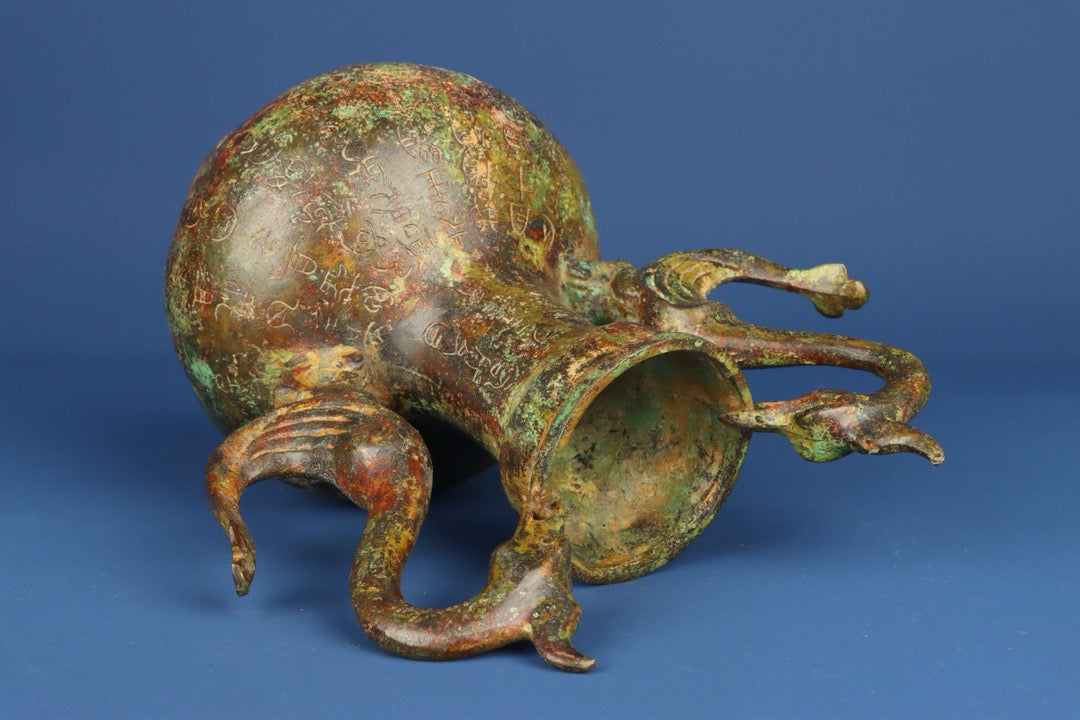 Chinese Antique Bronze Inscription Double Dragon Bottle