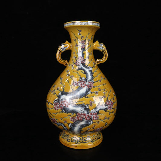 Blue and white glazed red plum blossom patterned double ear vase