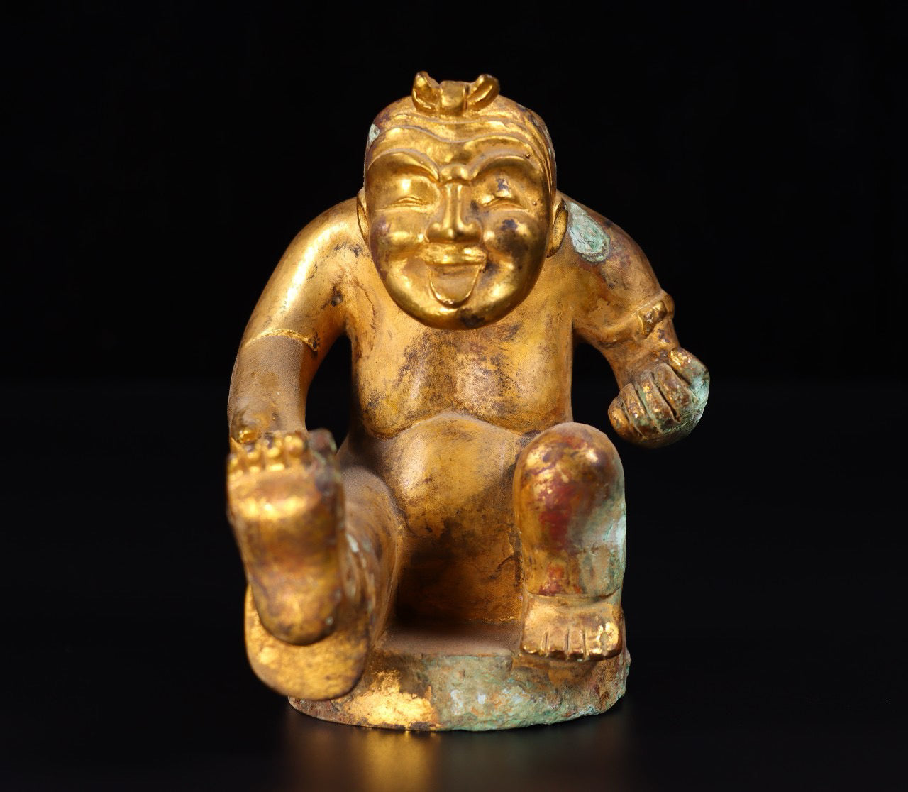 Chinese antique bronze gilded with red spots and green rust drummer