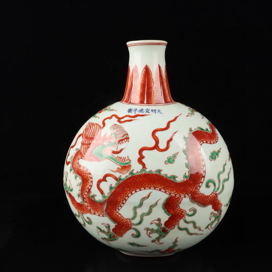 Red and green colored cloud dragon patterned flat bottle