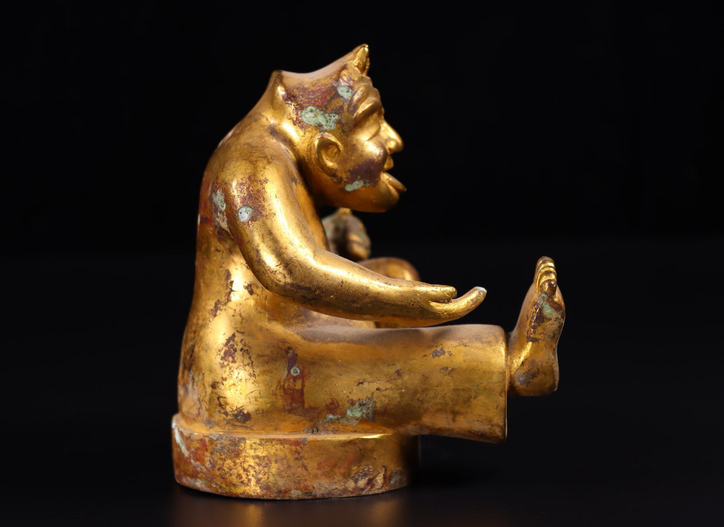 Chinese antique bronze gilded with red spots and green rust drummer