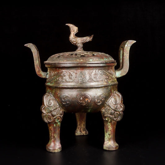 Chinese antique bronze standing bird smoking furnace