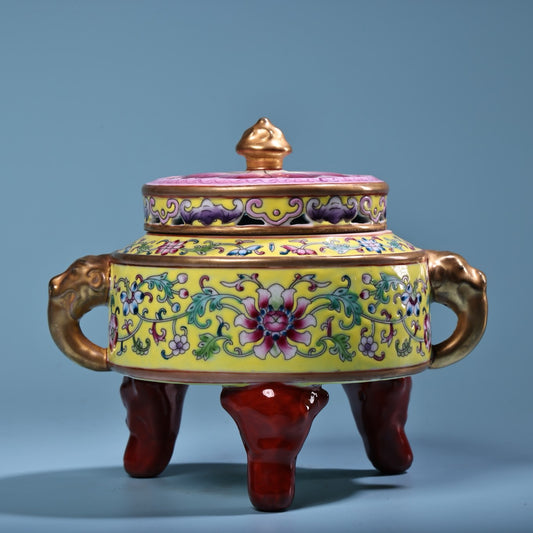 Hand painted enamel gilded gold colored porcelain incense burner