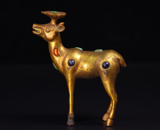 Chinese antique handcrafted copper gilded genuine gold inlaid gemstone deer ornaments