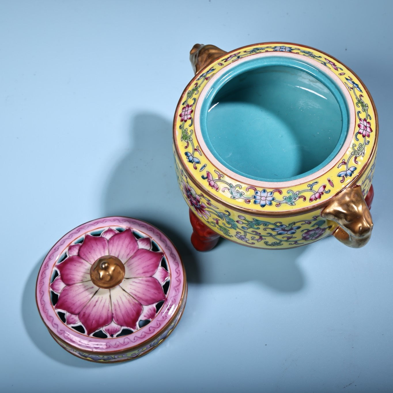 Hand painted enamel gilded gold colored porcelain incense burner