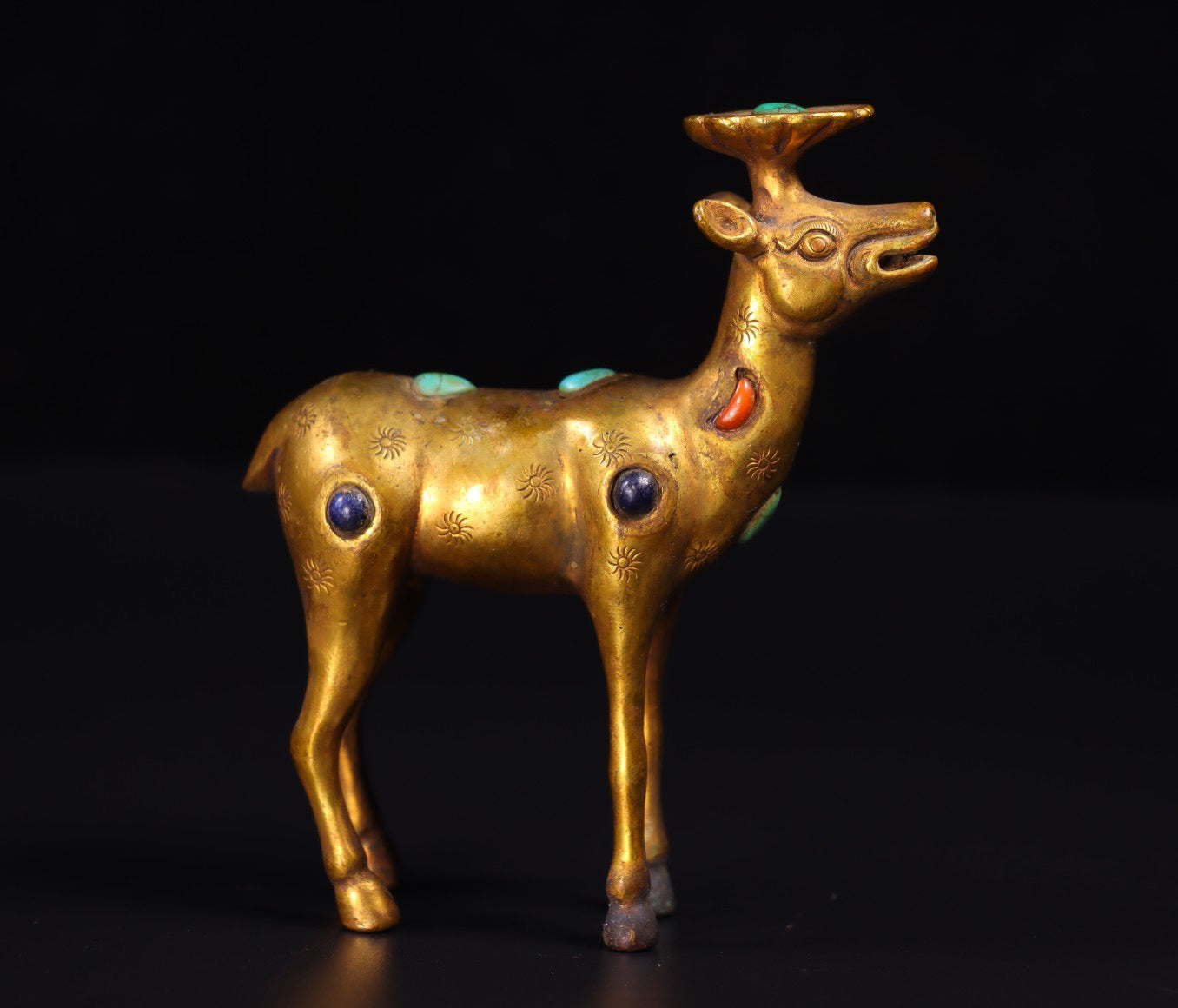 Chinese antique handcrafted copper gilded genuine gold inlaid gemstone deer ornaments