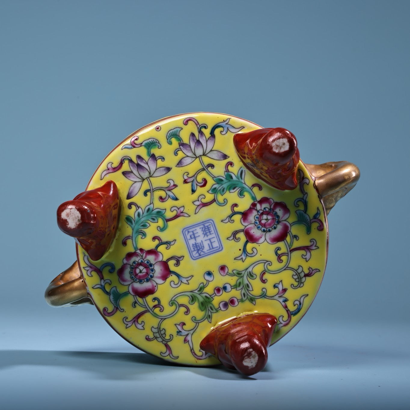 Hand painted enamel gilded gold colored porcelain incense burner