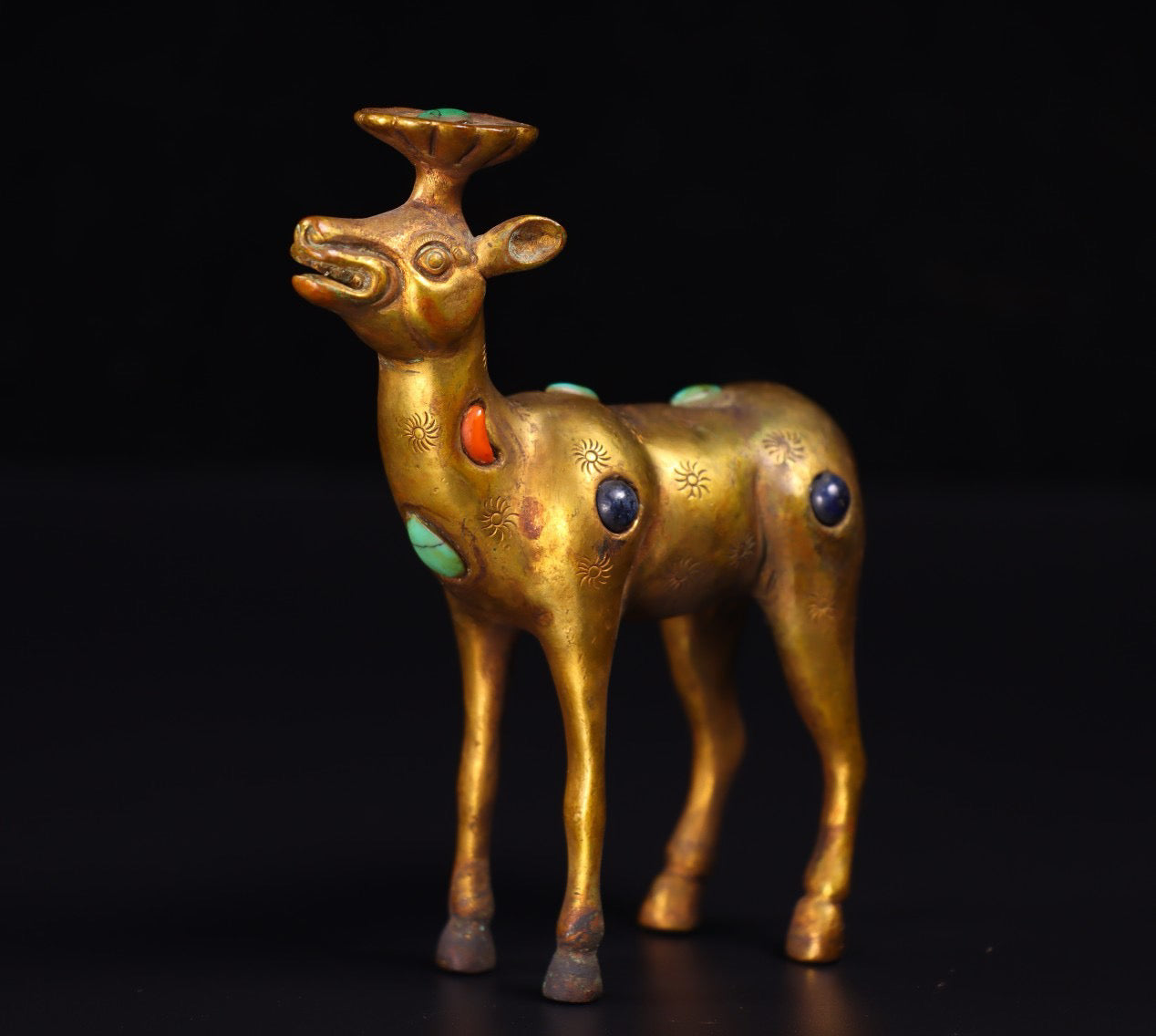 Chinese antique handcrafted copper gilded genuine gold inlaid gemstone deer ornaments