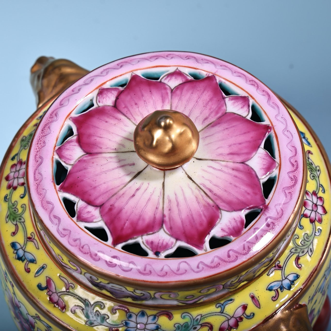 Hand painted enamel gilded gold colored porcelain incense burner