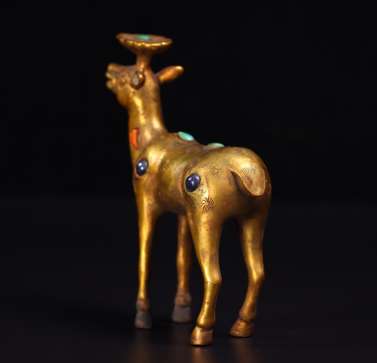 Chinese antique handcrafted copper gilded genuine gold inlaid gemstone deer ornaments