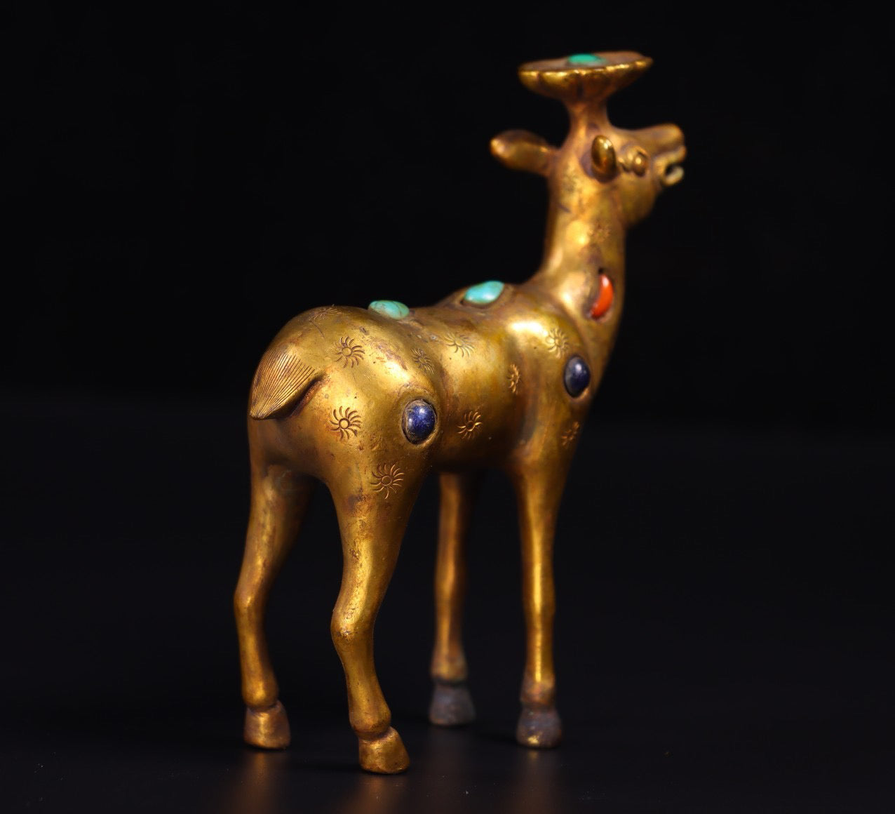 Chinese antique handcrafted copper gilded genuine gold inlaid gemstone deer ornaments
