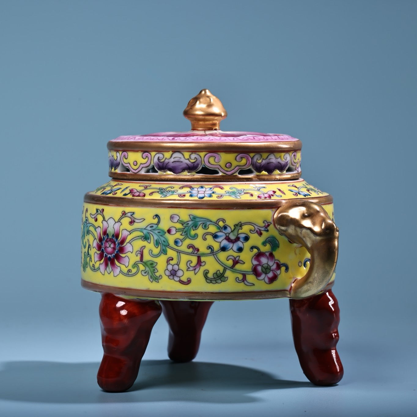 Hand painted enamel gilded gold colored porcelain incense burner