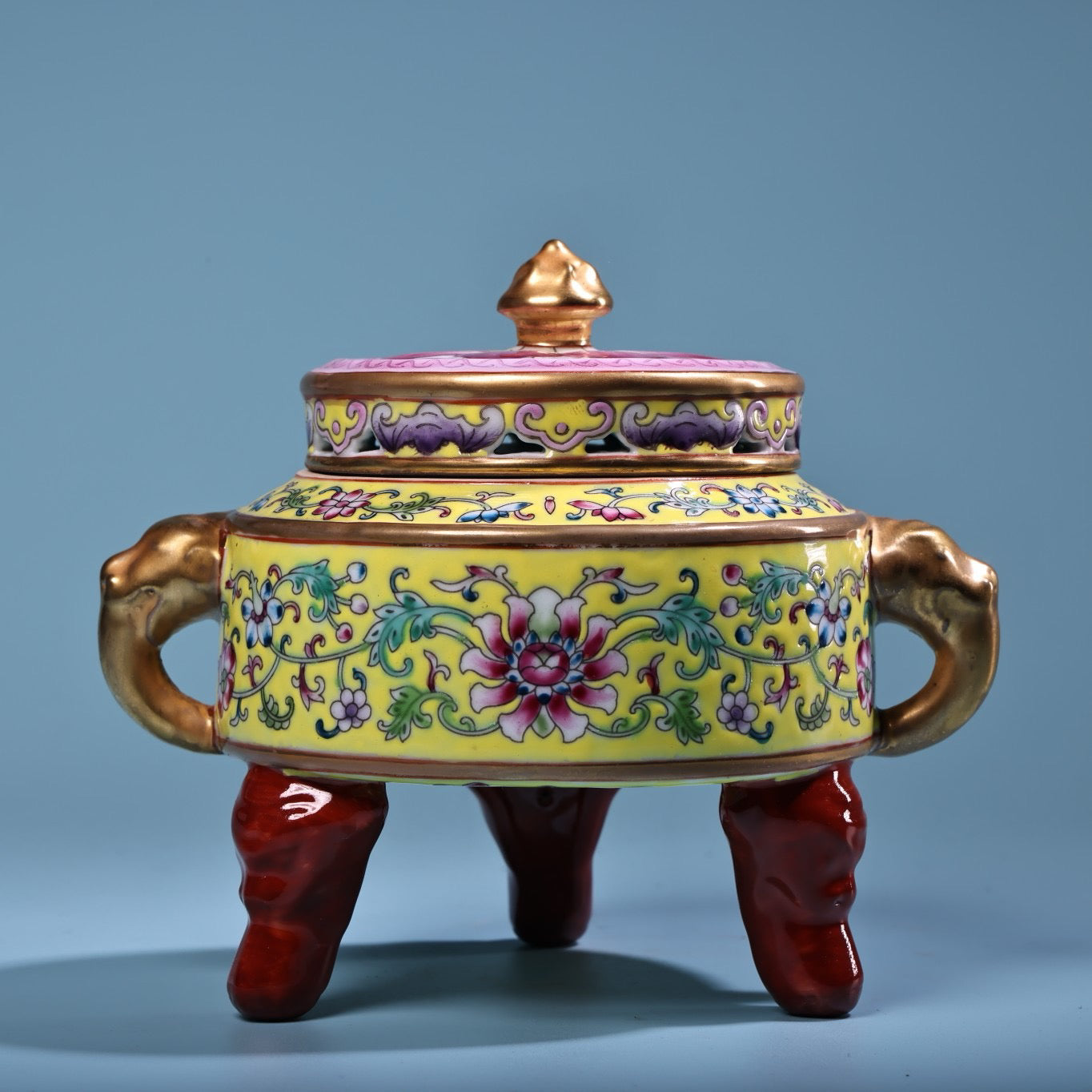 Hand painted enamel gilded gold colored porcelain incense burner