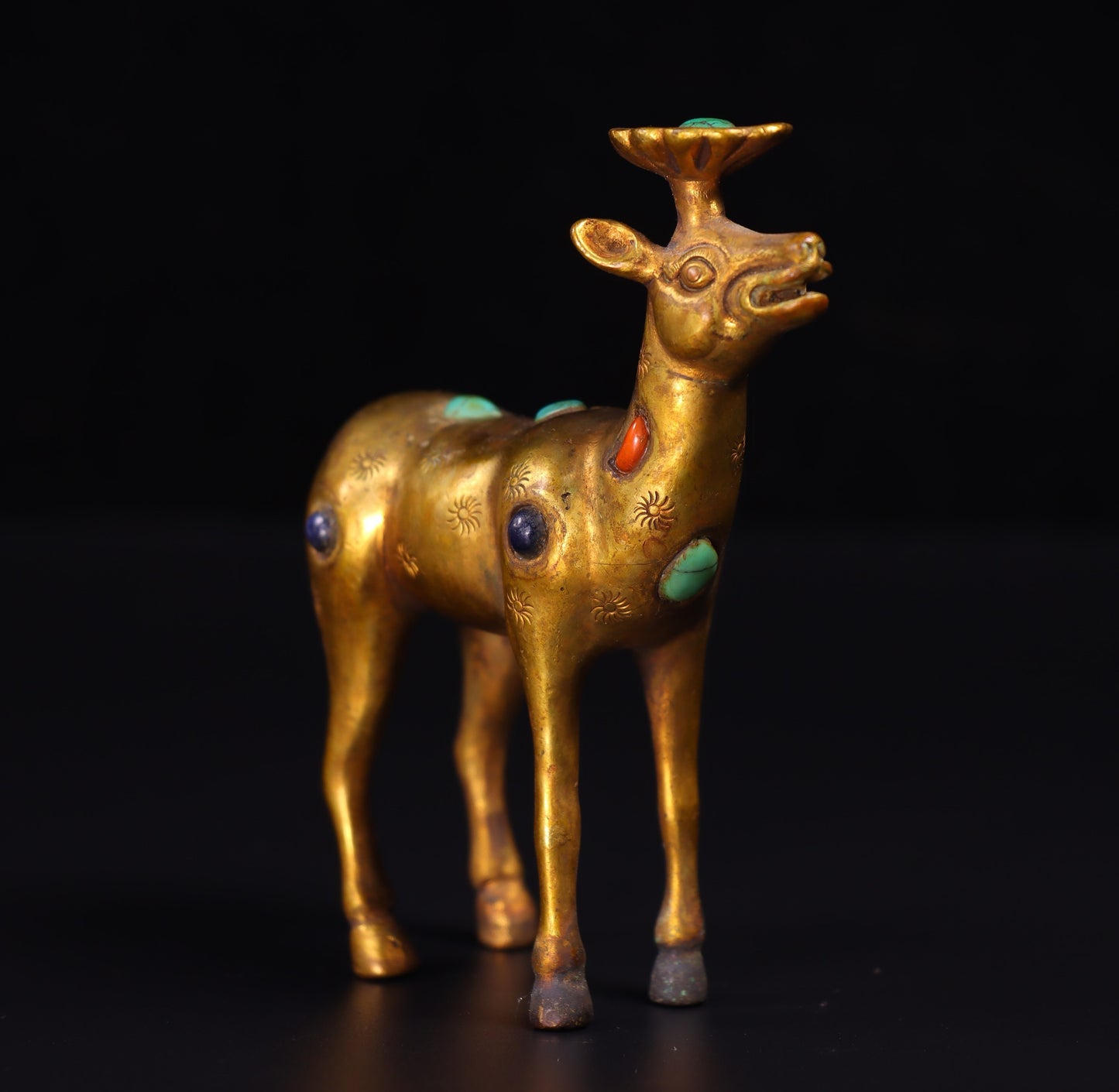Chinese antique handcrafted copper gilded genuine gold inlaid gemstone deer ornaments