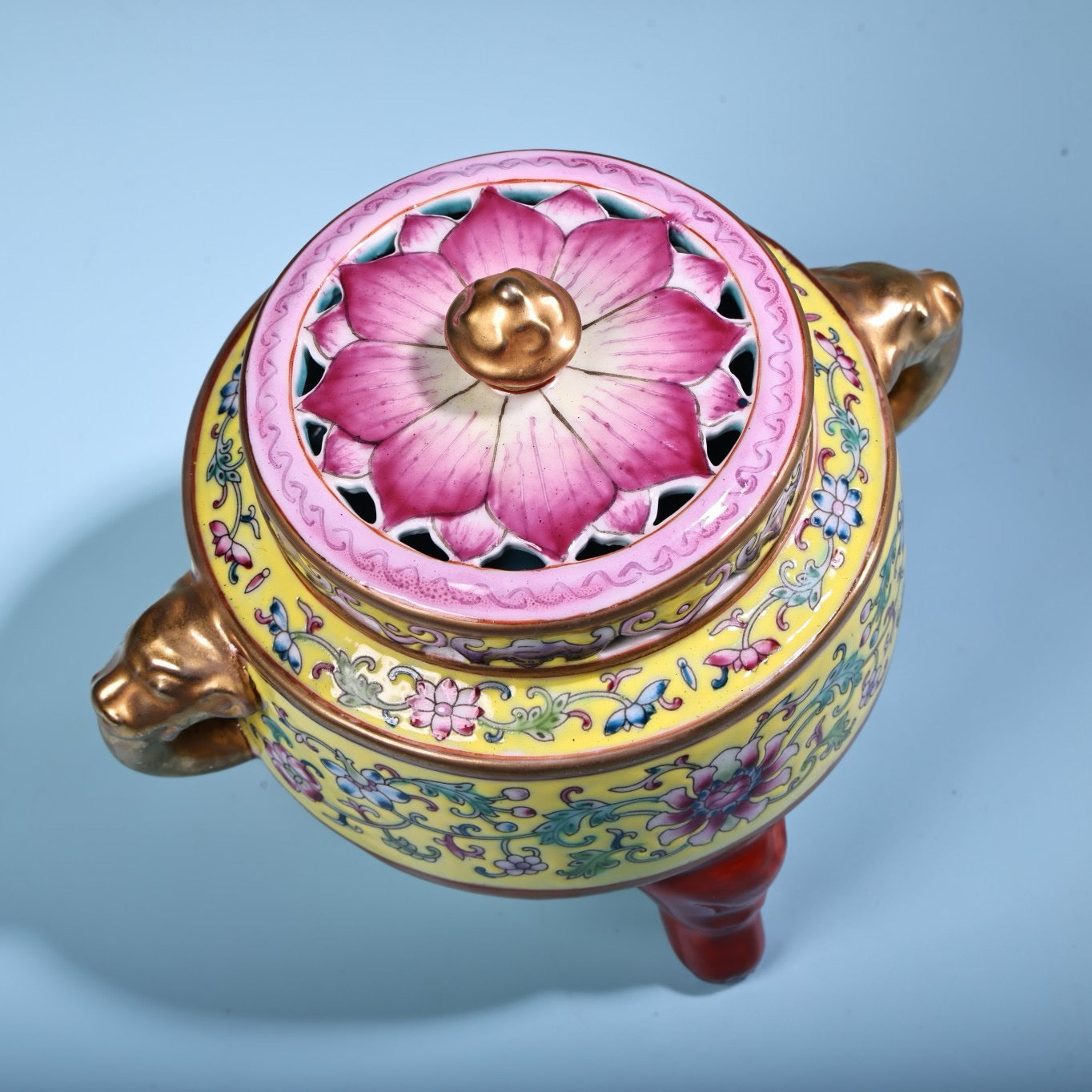 Hand painted enamel gilded gold colored porcelain incense burner