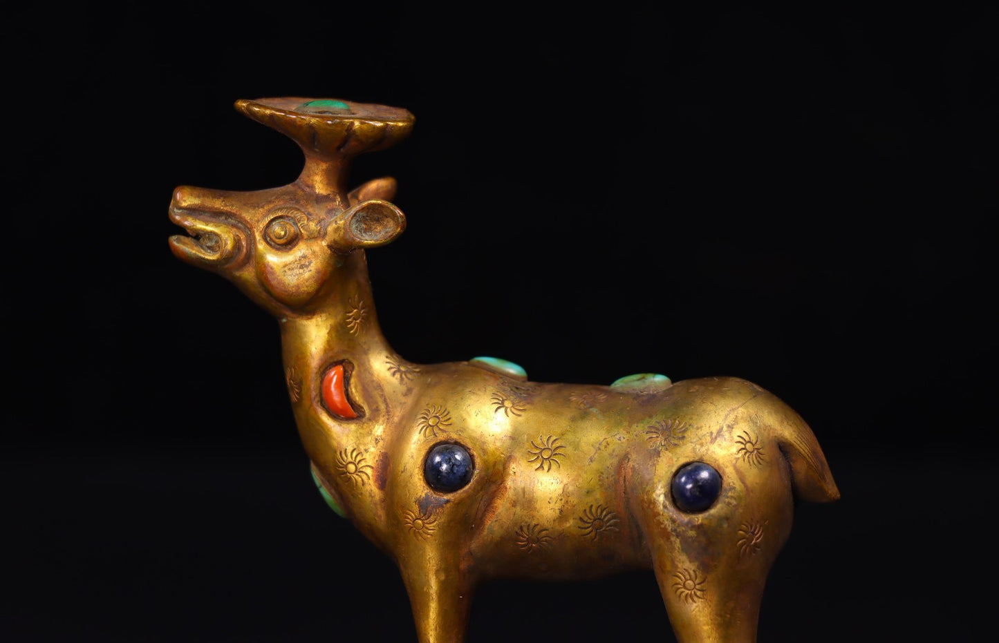 Chinese antique handcrafted copper gilded genuine gold inlaid gemstone deer ornaments