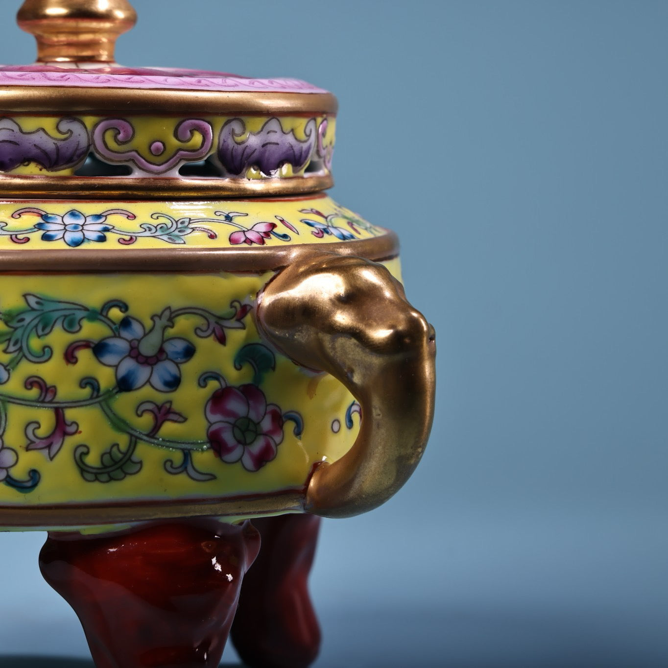 Hand painted enamel gilded gold colored porcelain incense burner