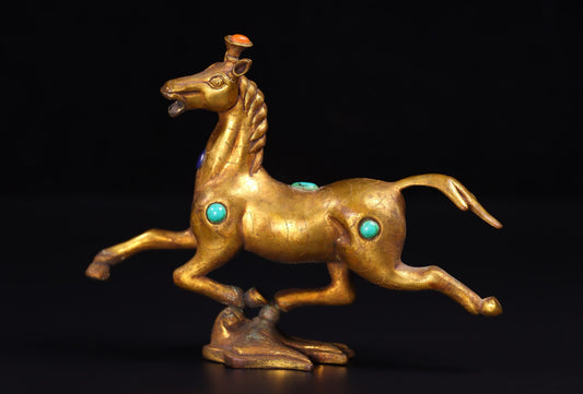 Chinese antique handmade copper gilded gold inlaid with gemstones, horse treading on a flying swallow