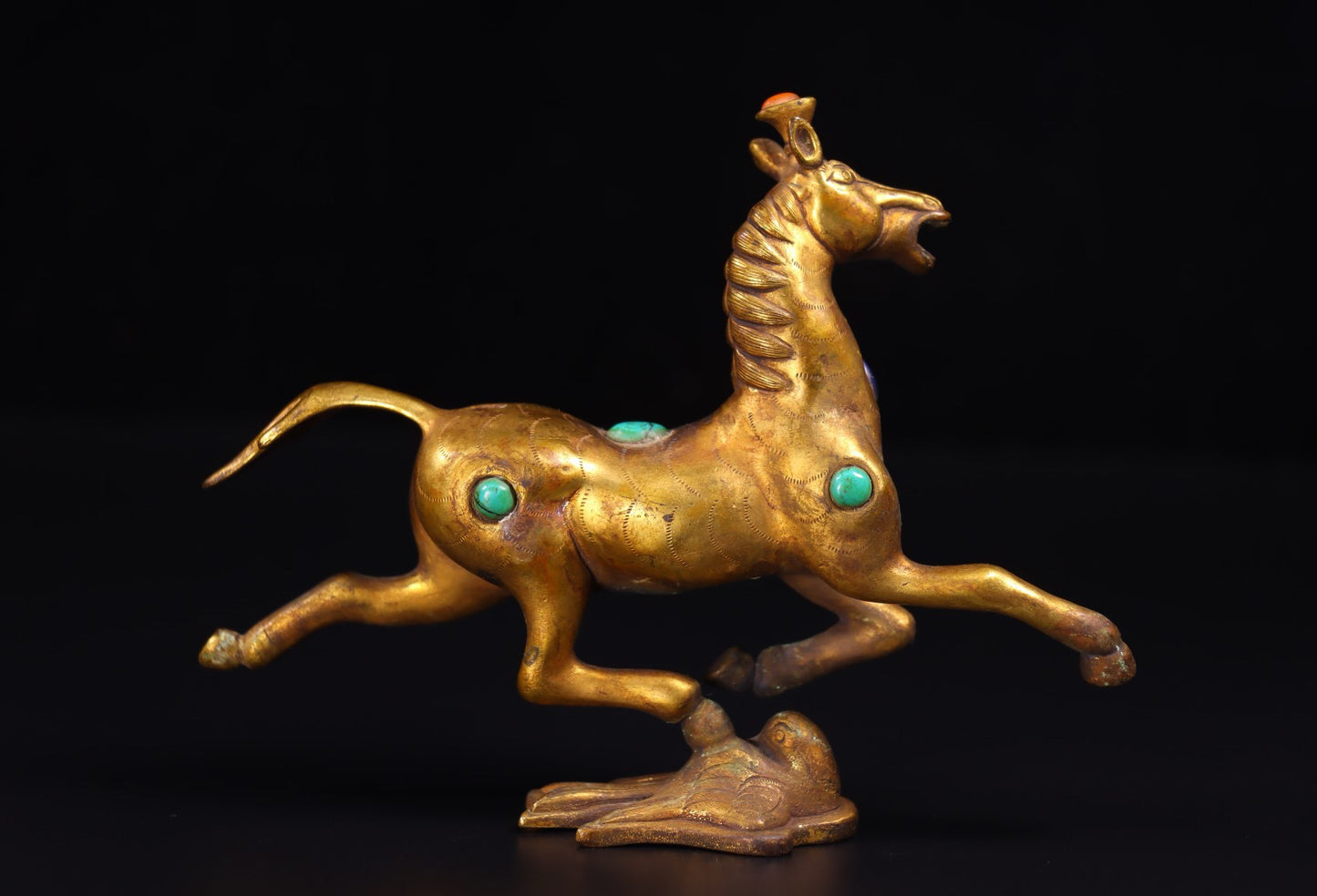Chinese antique handmade copper gilded gold inlaid with gemstones, horse treading on a flying swallow
