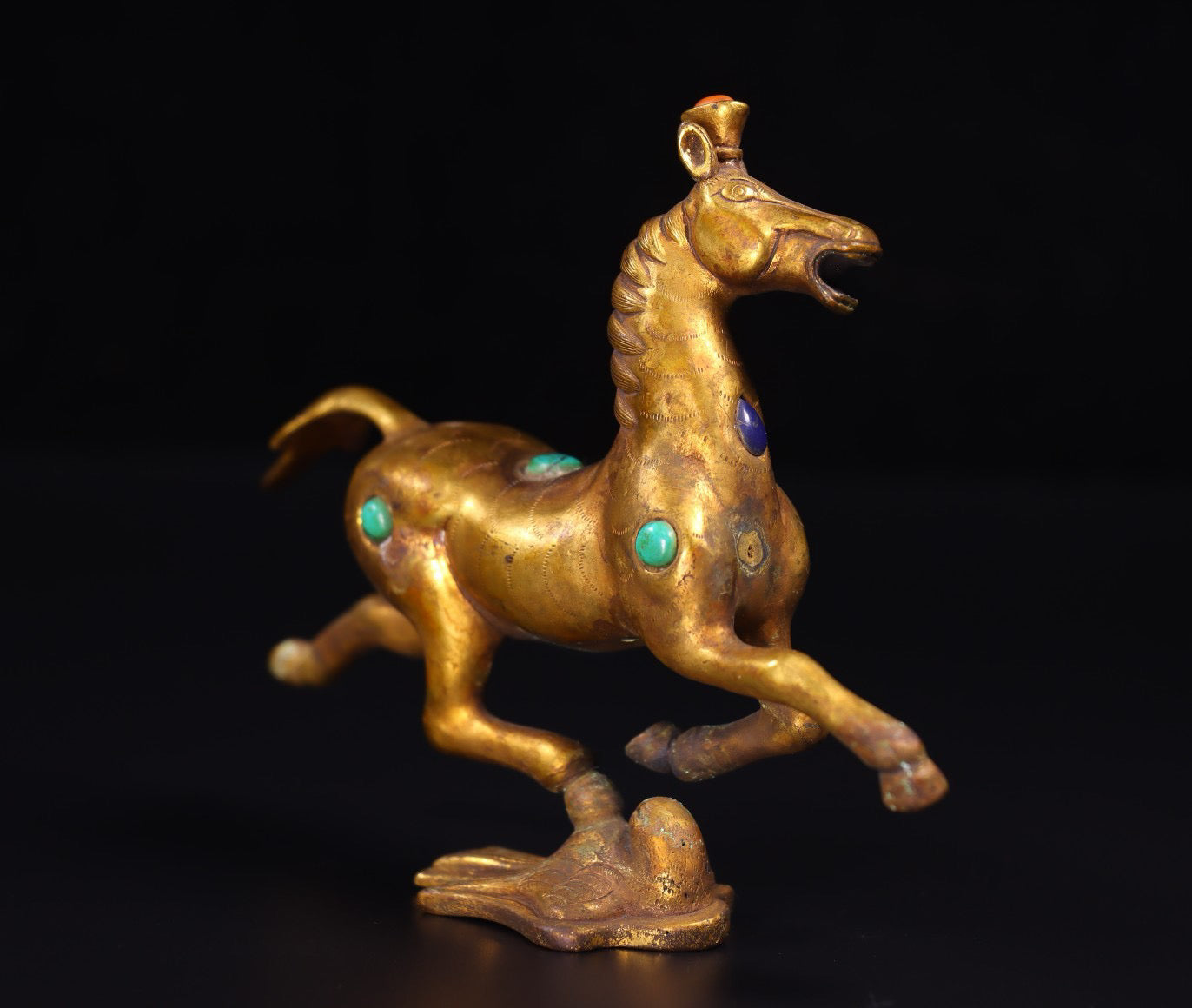 Chinese antique handmade copper gilded gold inlaid with gemstones, horse treading on a flying swallow
