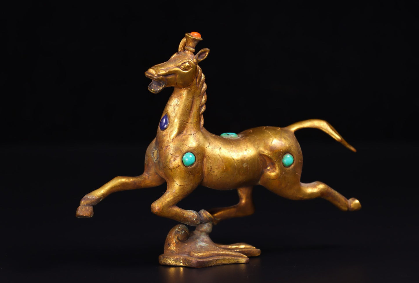 Chinese antique handmade copper gilded gold inlaid with gemstones, horse treading on a flying swallow