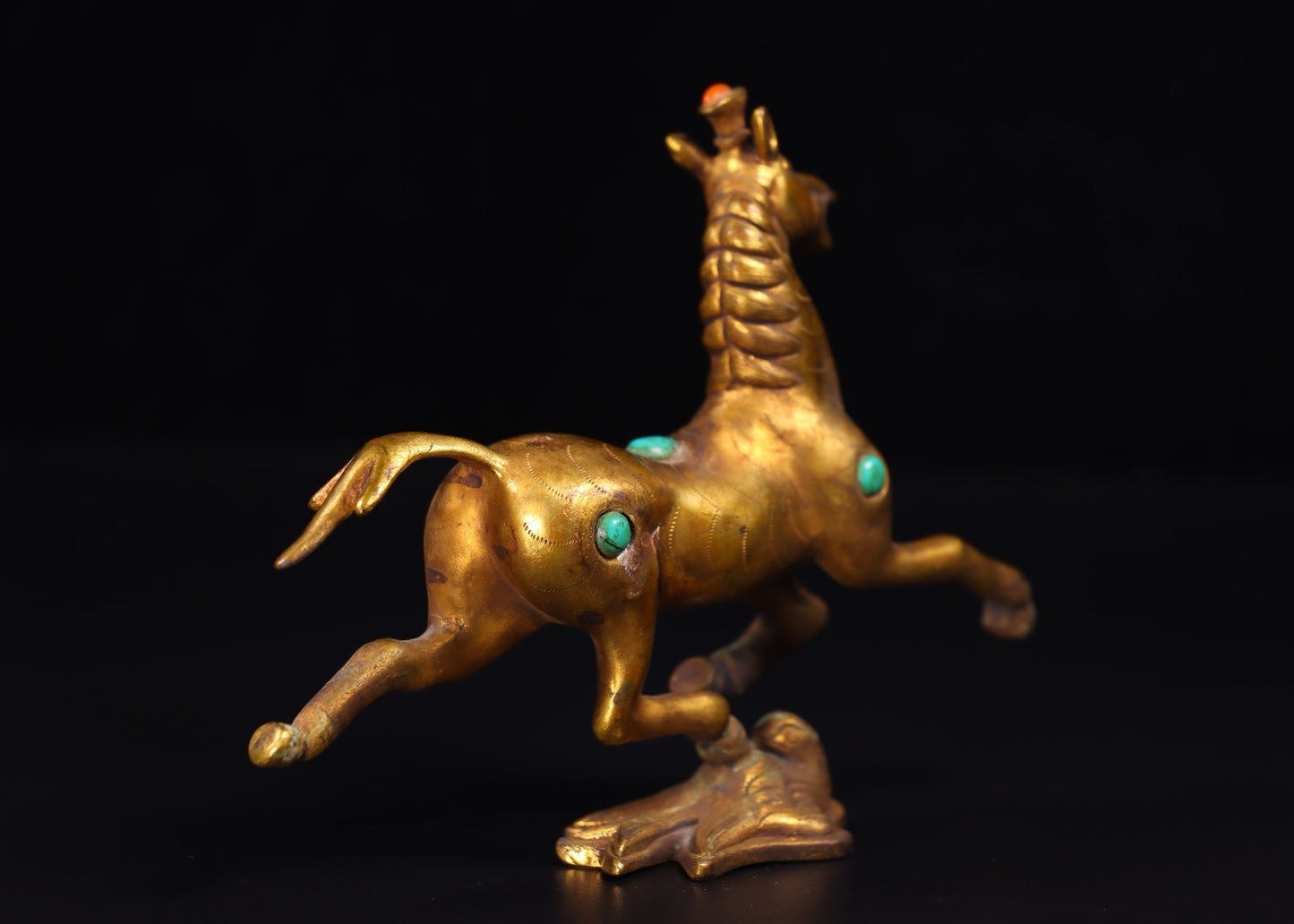 Chinese antique handmade copper gilded gold inlaid with gemstones, horse treading on a flying swallow