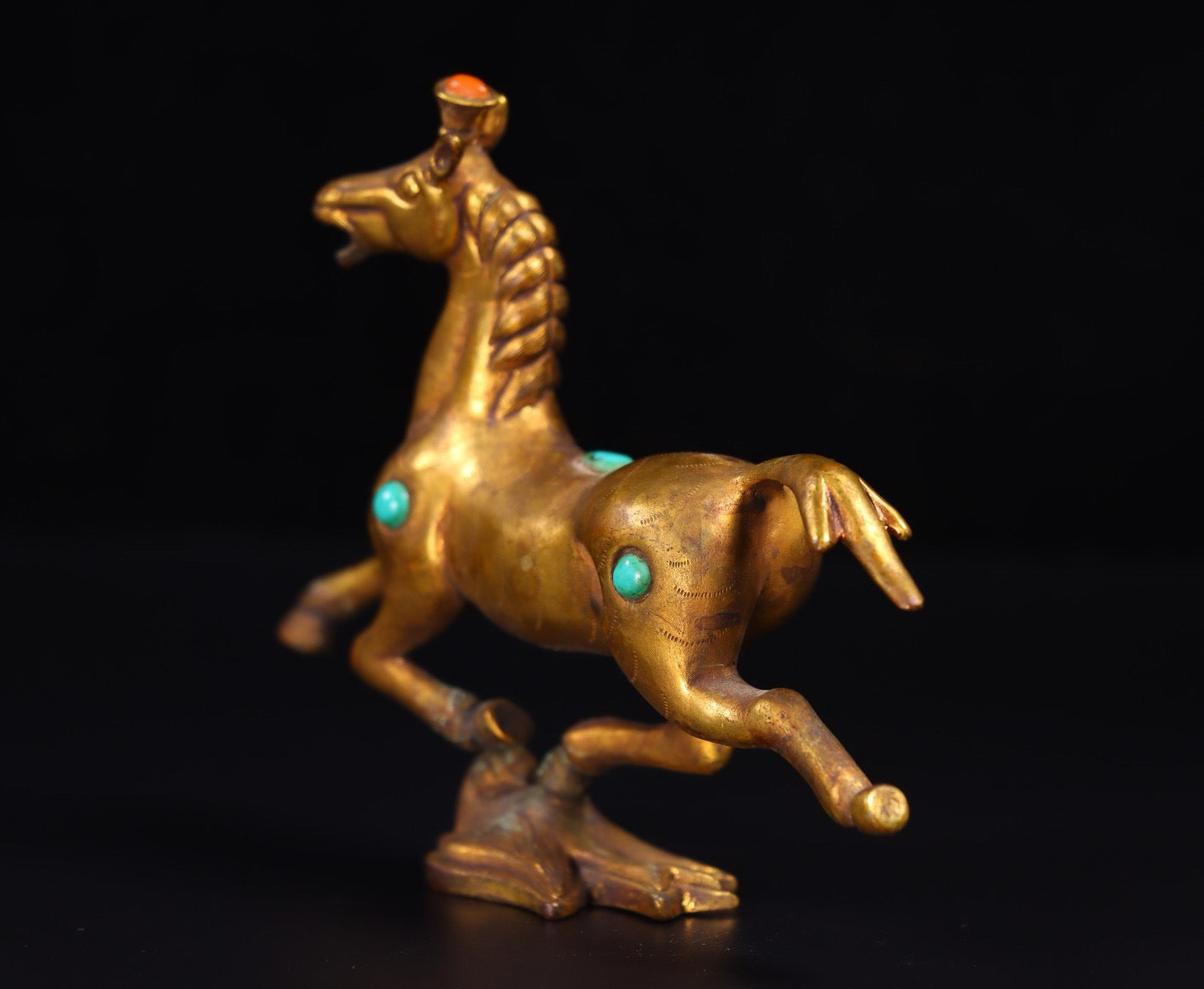 Chinese antique handmade copper gilded gold inlaid with gemstones, horse treading on a flying swallow