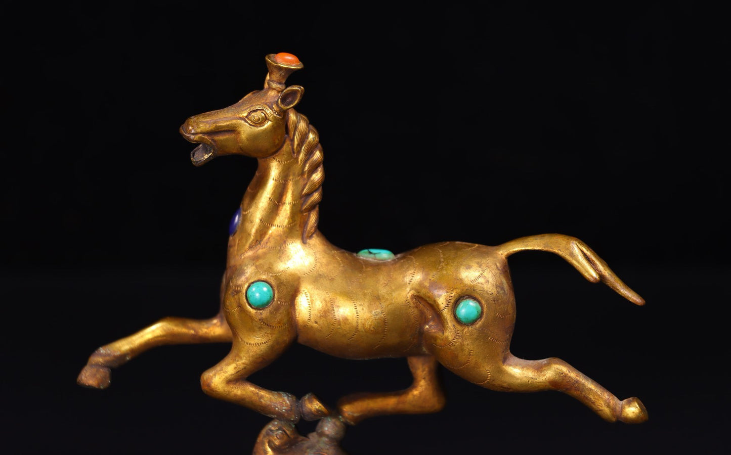 Chinese antique handmade copper gilded gold inlaid with gemstones, horse treading on a flying swallow