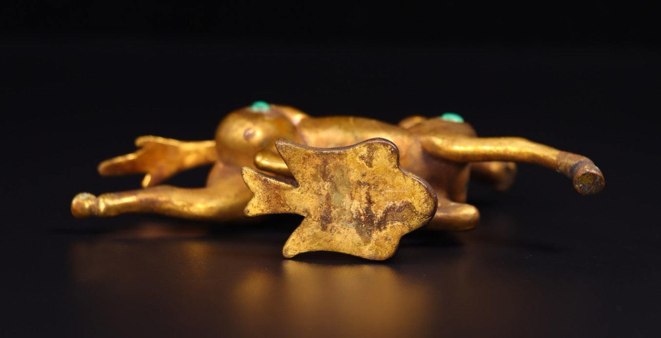 Chinese antique handmade copper gilded gold inlaid with gemstones, horse treading on a flying swallow