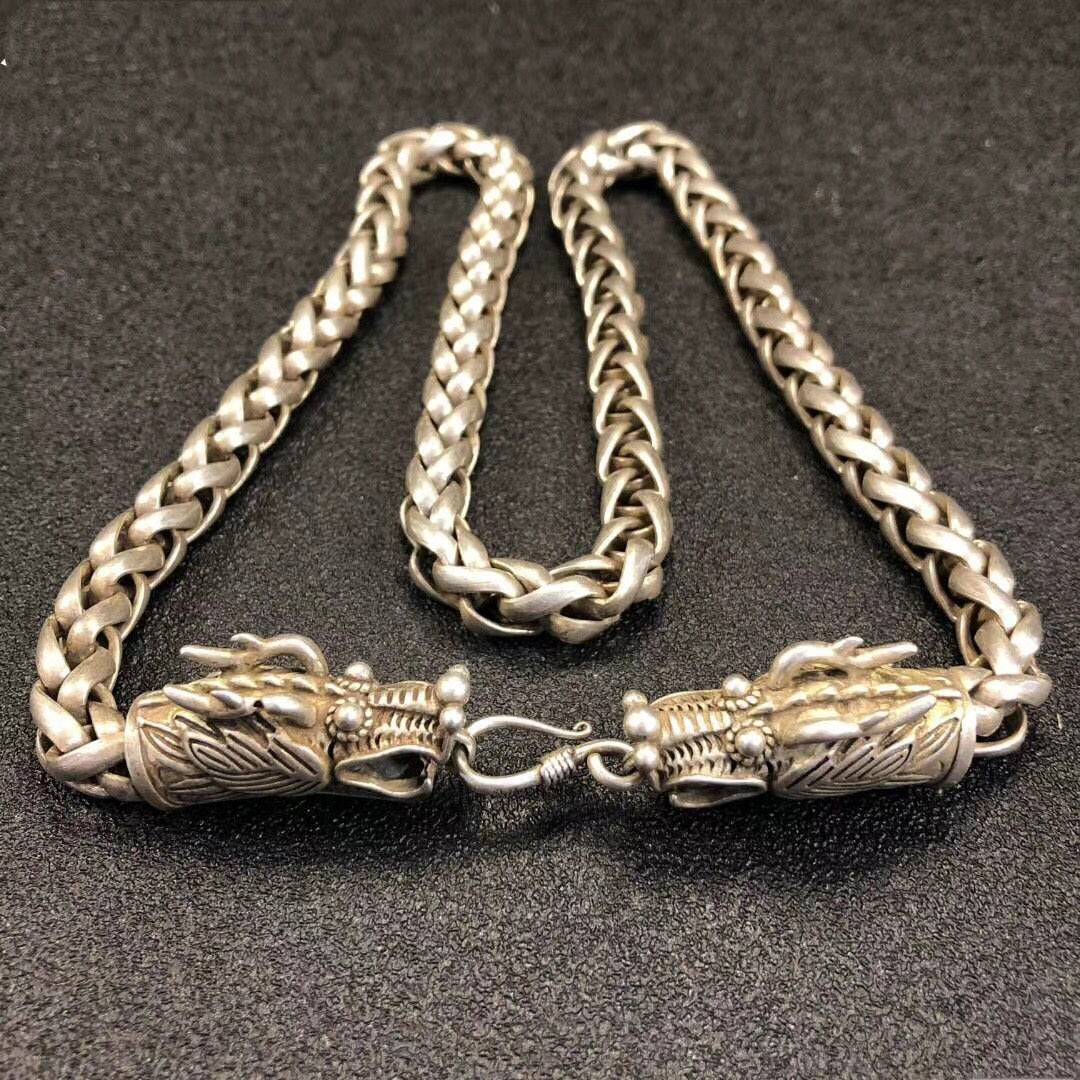 Chinese Antique Silver Double Dragon Necklace