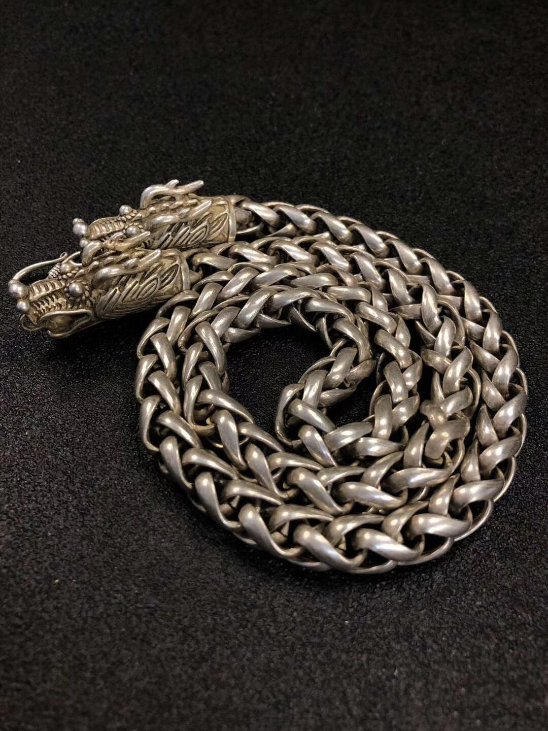 Chinese Antique Silver Double Dragon Necklace
