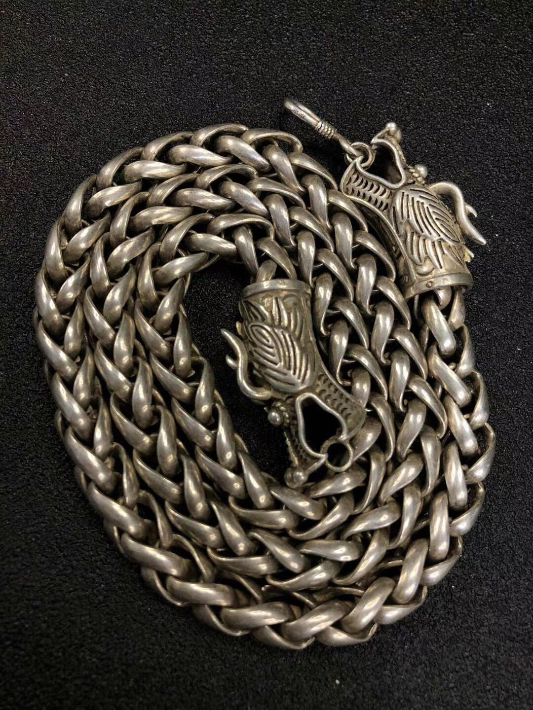 Chinese Antique Silver Double Dragon Necklace