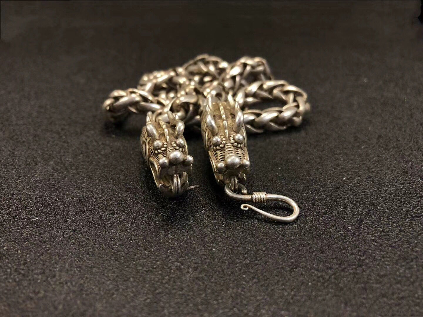 Chinese Antique Silver Double Dragon Necklace