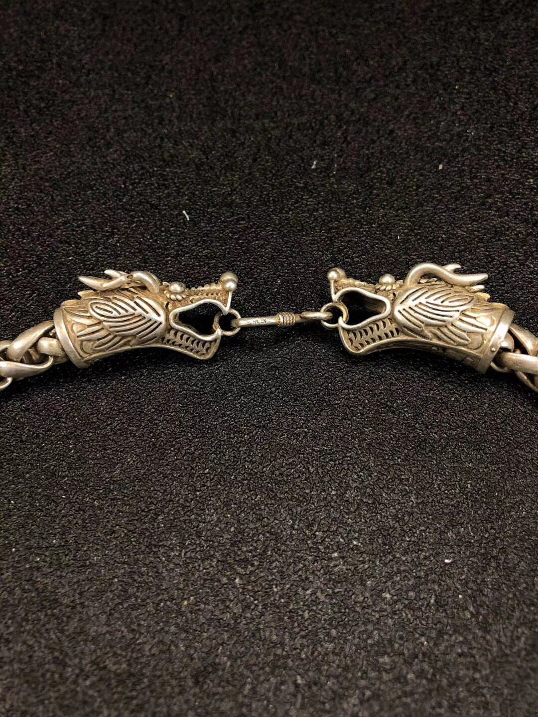 Chinese Antique Silver Double Dragon Necklace