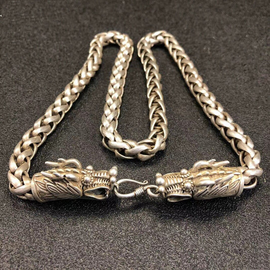 Chinese Antique Silver Double Dragon Necklace