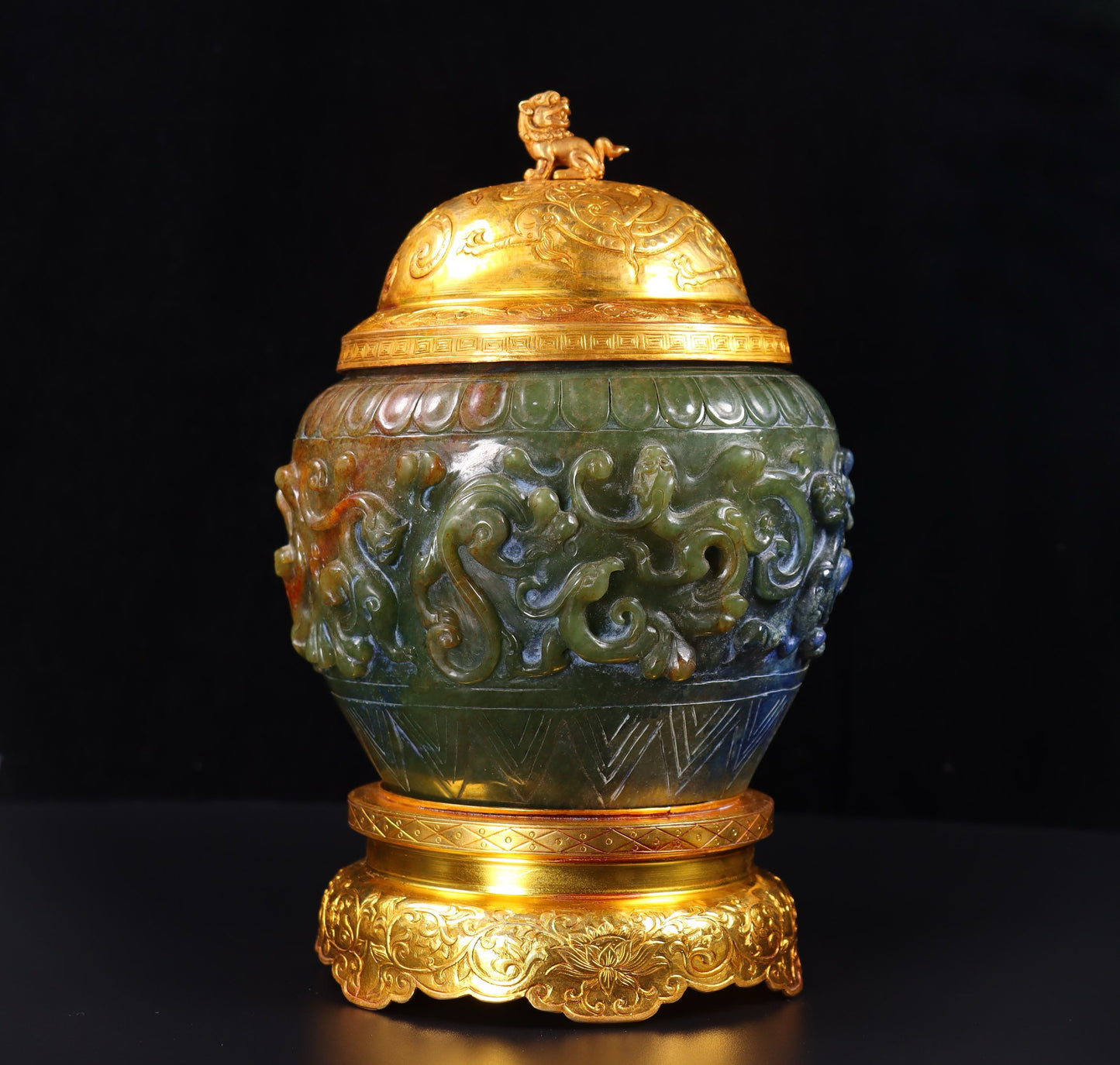 Chinese Antique Pure Handcarved Old Hotan Jade Gold Wrapped Panlong Pot