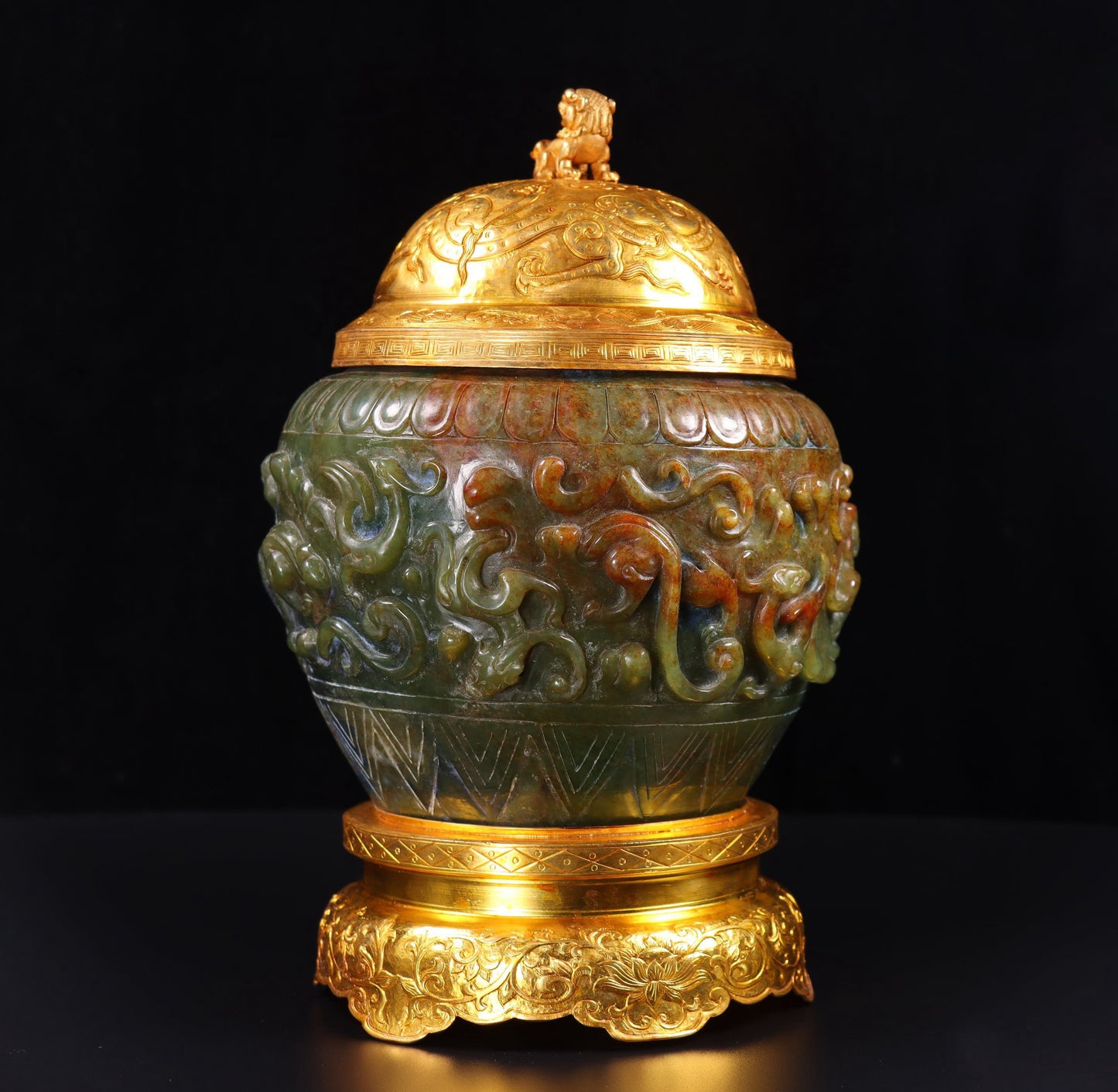 Chinese Antique Pure Handcarved Old Hotan Jade Gold Wrapped Panlong Pot