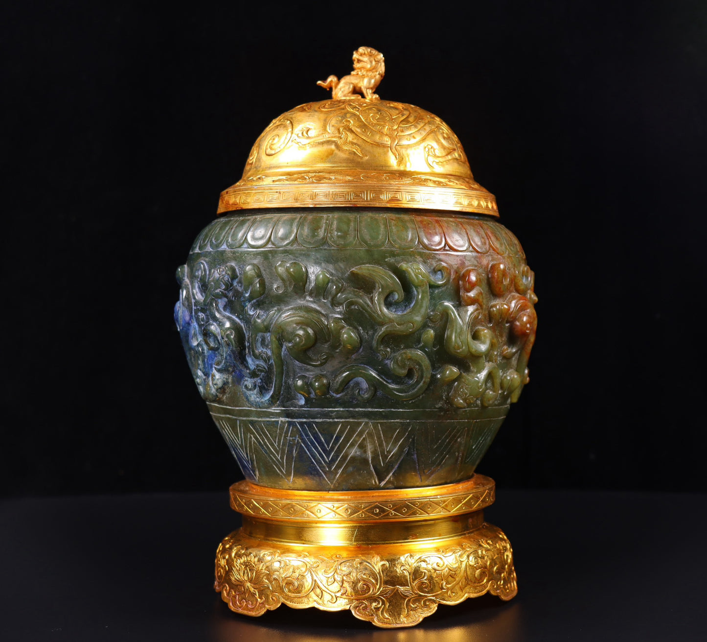 Chinese Antique Pure Handcarved Old Hotan Jade Gold Wrapped Panlong Pot