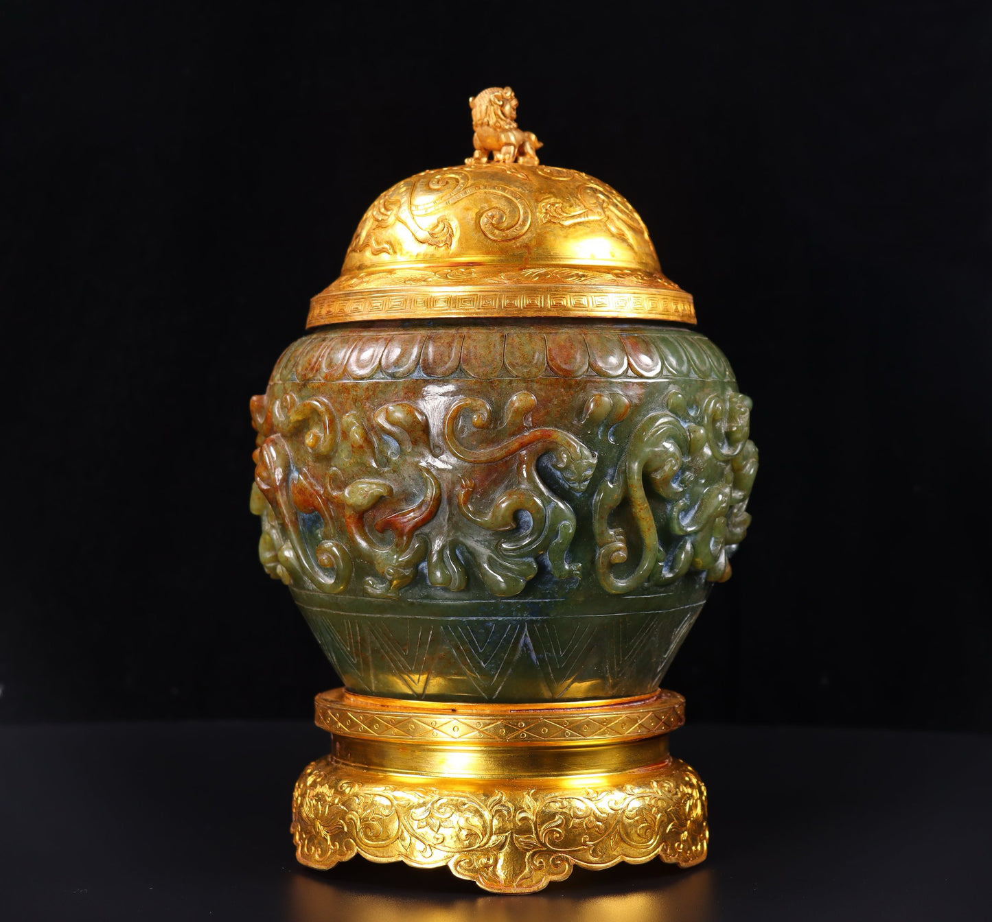 Chinese Antique Pure Handcarved Old Hotan Jade Gold Wrapped Panlong Pot