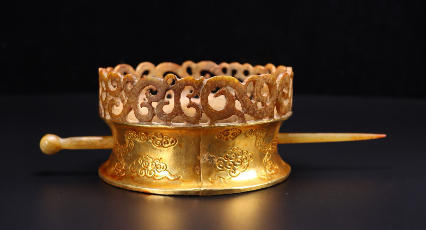 Chinese Antique Pure Handmade Old Hotan Jade Gold Hat Crown