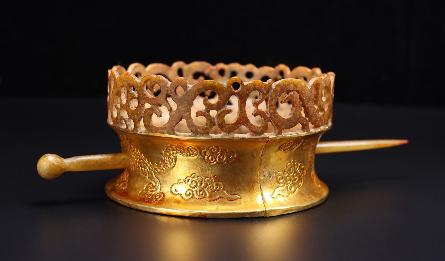 Chinese Antique Pure Handmade Old Hotan Jade Gold Hat Crown