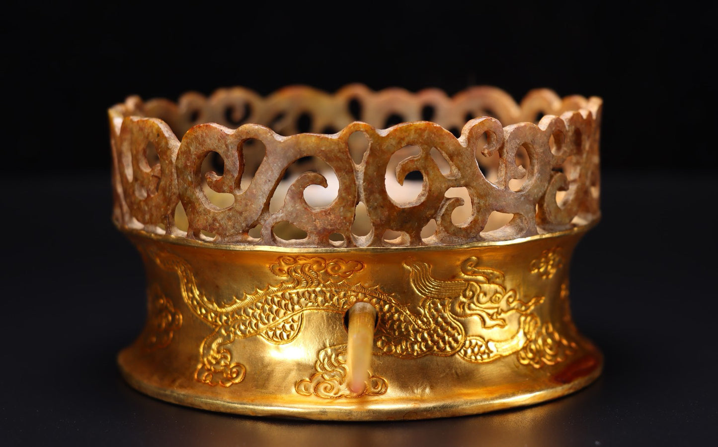 Chinese Antique Pure Handmade Old Hotan Jade Gold Hat Crown