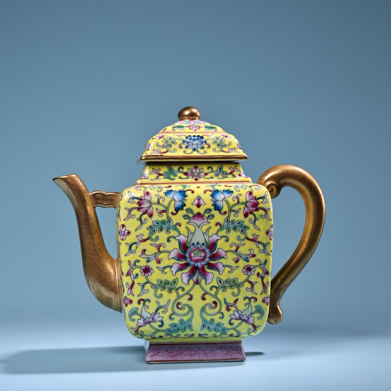 Enamel gilded gold colored porcelain square teapot
