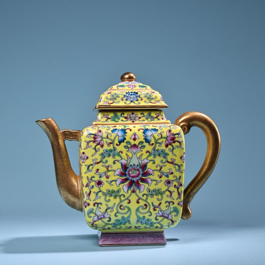 Enamel gilded gold colored porcelain square teapot