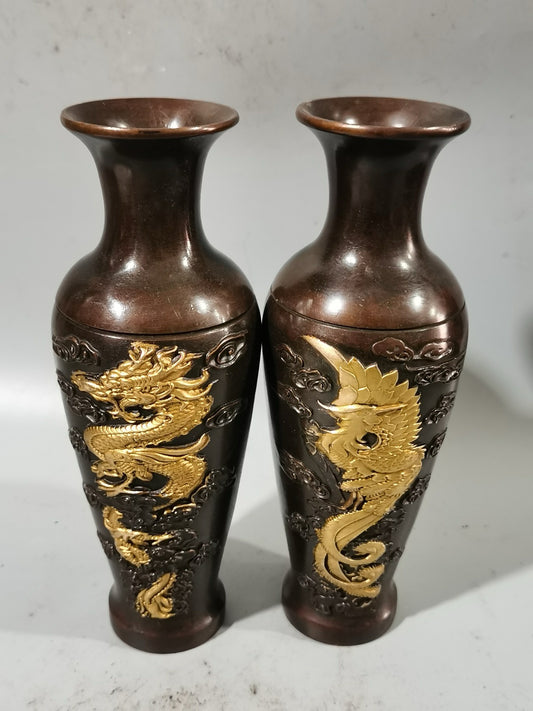 A pair of Chinese antique pure copper dragon and phoenix auspicious vases