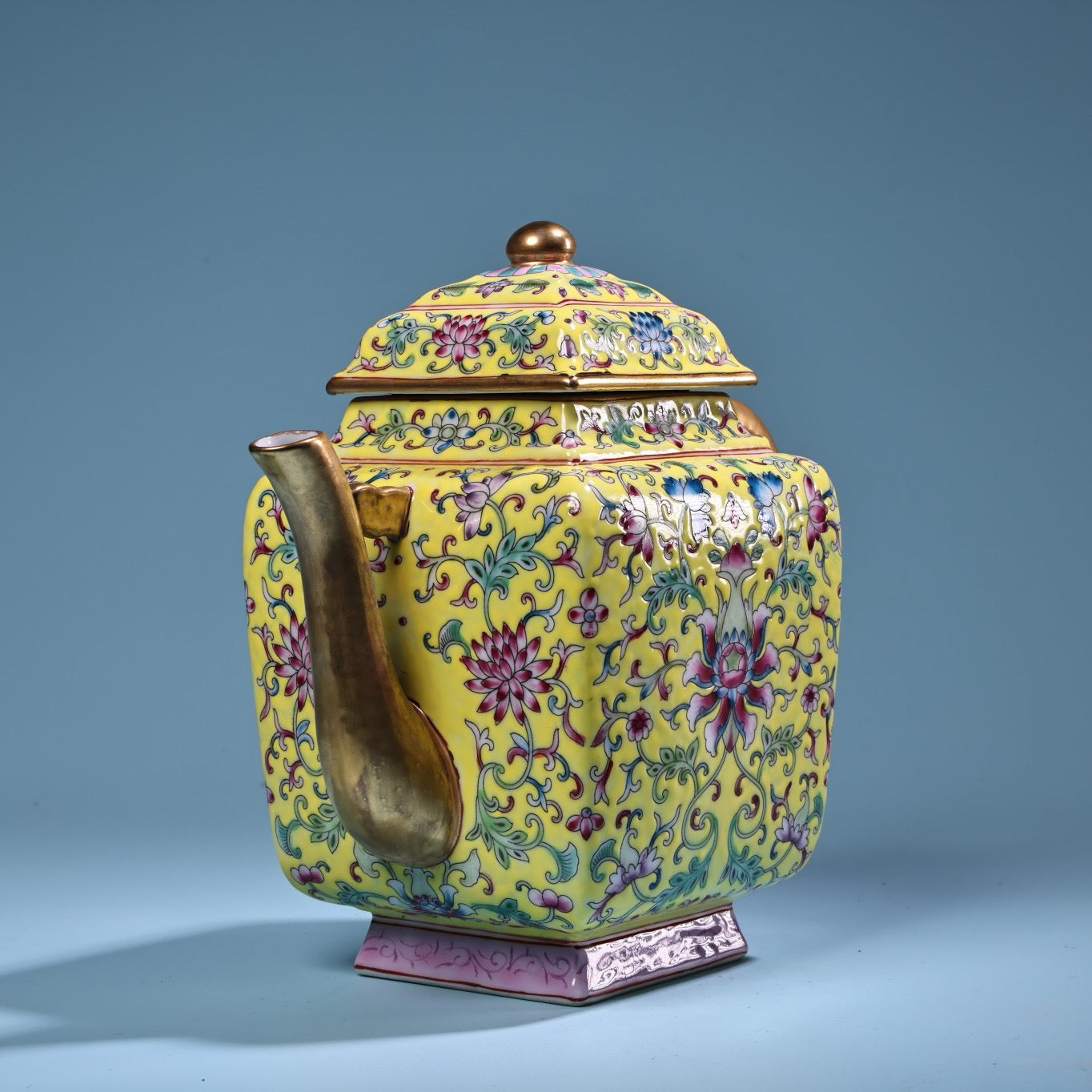 Enamel gilded gold colored porcelain square teapot